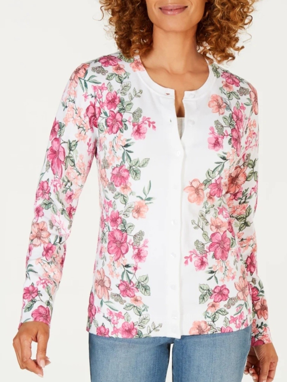 Karen Scott White Cardigan with Pink Floral Print